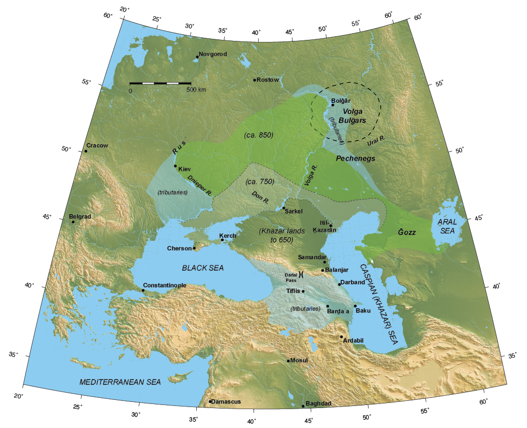 Figure 1. The Khazar lands, ca. 650-850. Map created with Generic Mapping Tools (gmt.soest.hawaii.edu).
