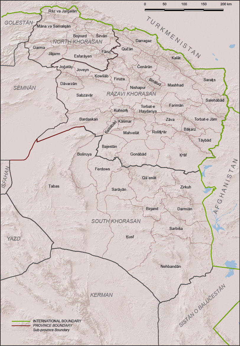 Figure 1. Administrative divisions of the Khorasan provinces as of 2020. Note that boundaries are subject to frequent changes; those shown are unofficial and approximate. Map background based on USGS data.
