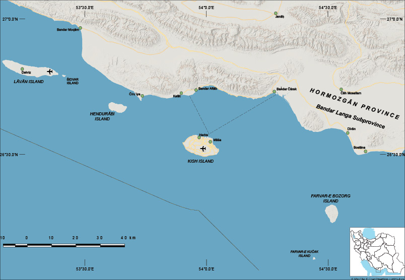 Figure 1. Kish and adjacent islands and areas of the Persian Gulf. Map data under CC BY 3.0 by OpenStreetMap, ODbL.